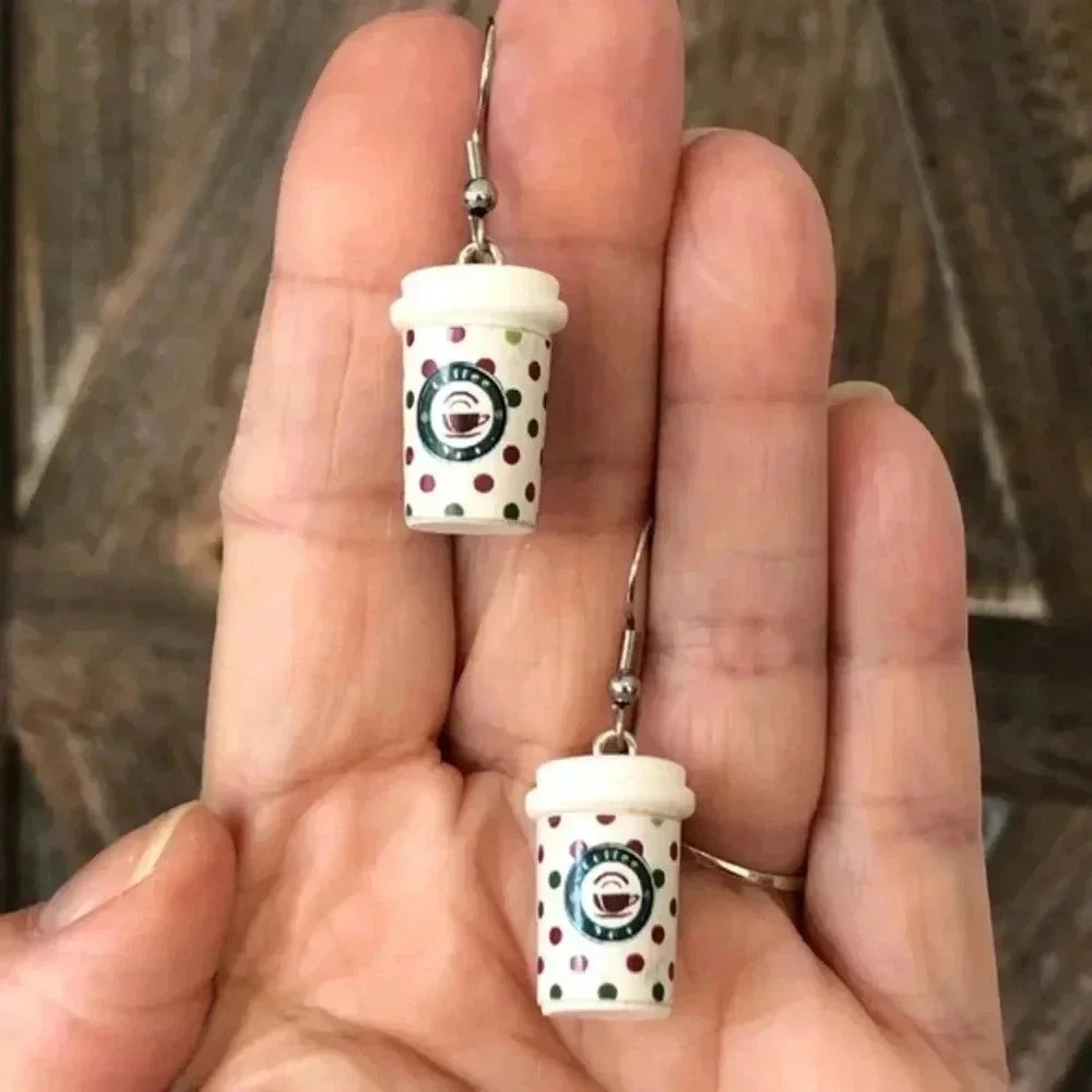 Coffee Lover’s Latte Polka Dot Mug Cup Handmade Drop Earrings 3 NWT